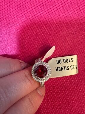 Sterling Silver Red Crystal Halo Ring with Pavé Band